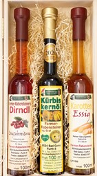 Zeige Details für Kürbiskernöl und Essig in dekorativer Holzkassette  Bild von Kürbiskernöl und Essig in dekorativer Holzkassette